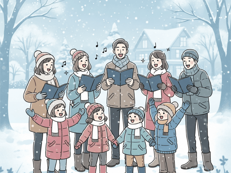 Tegning af kor der synger i sne