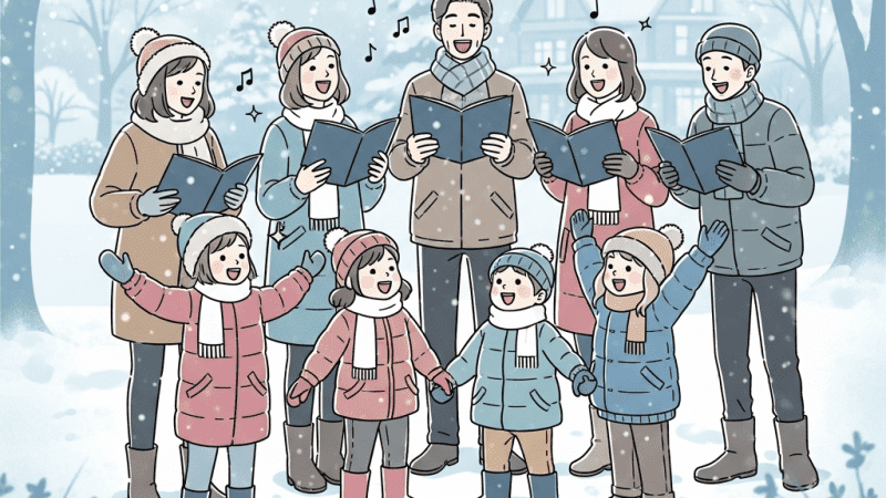 Tegning af kor der synger i sne